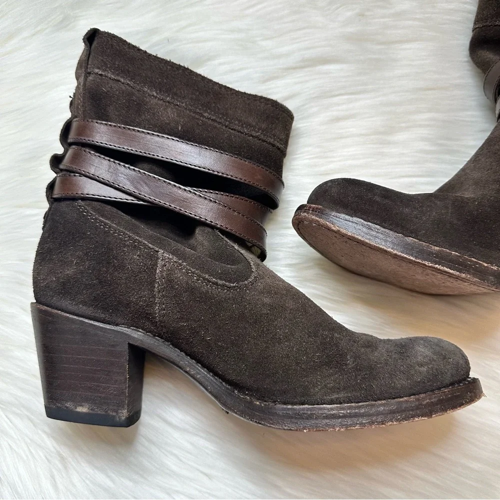 Frye Jane Strappy Oiled Suede Leather Heeled Short Boot Brown Women Size 5 1/2
